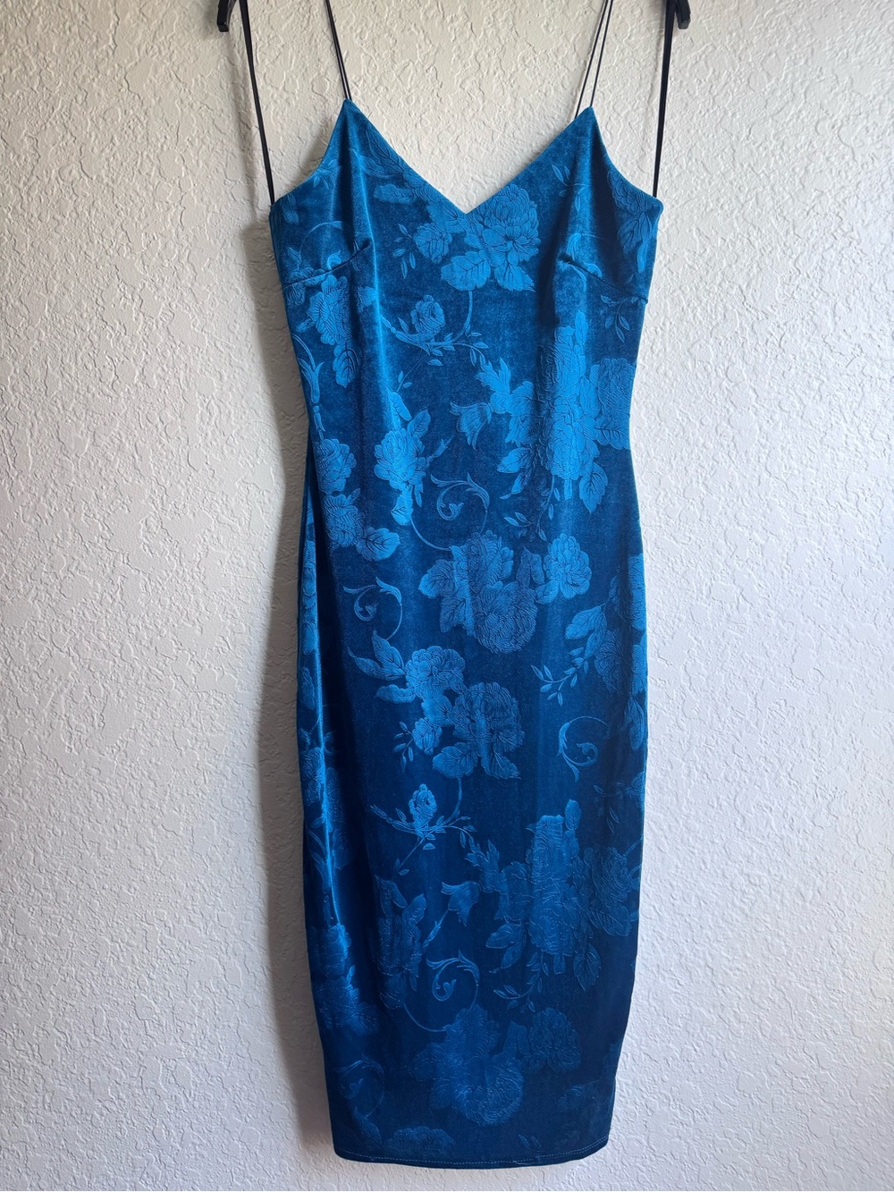 Vintage A'GACI Y2K Royal Blue Velvet Floral Jacquard Midi Dress Size M